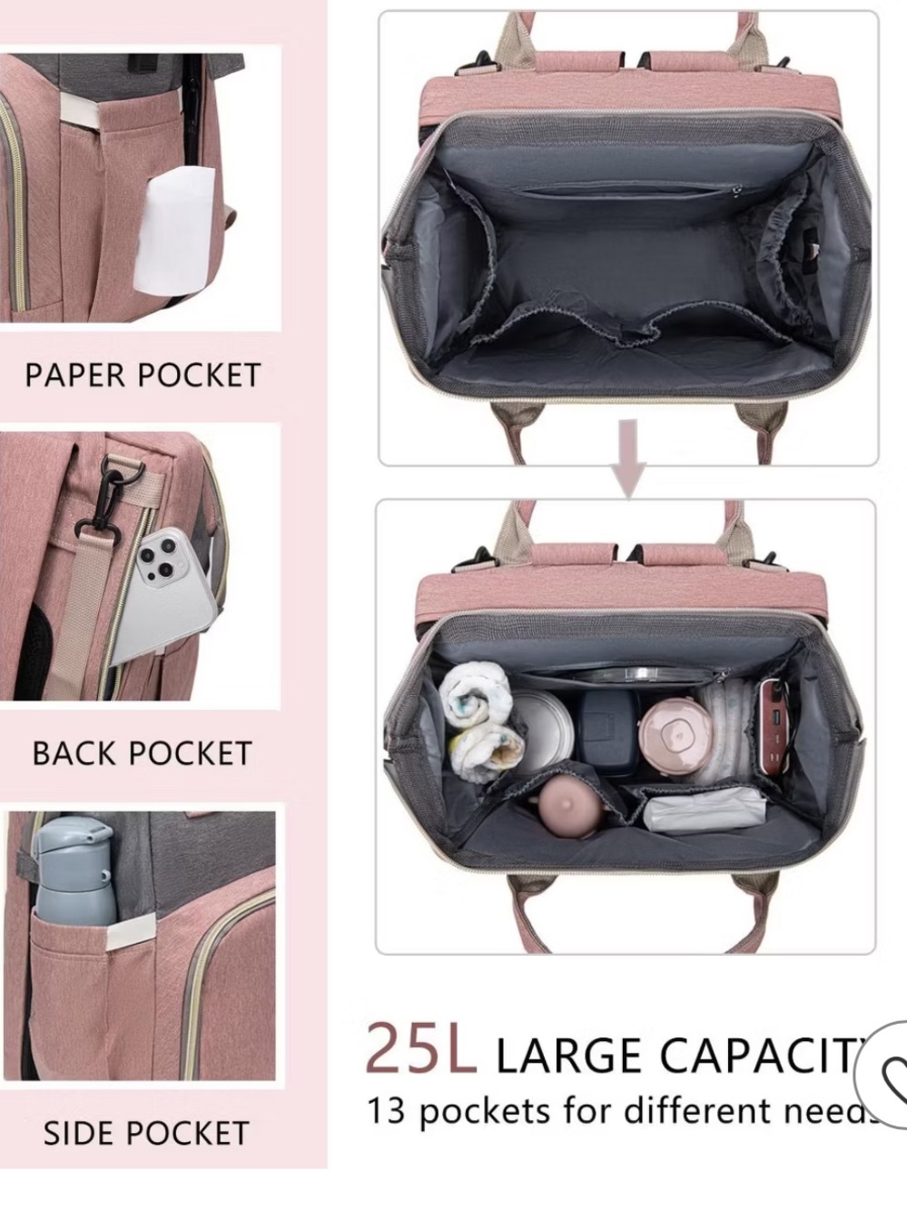 AND Multifunctional Diaper Backpack - Pink and Gray - Picture 6 of 8